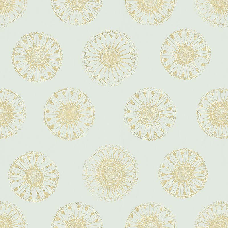 Pattern of gold sunburst designs on a light blue background