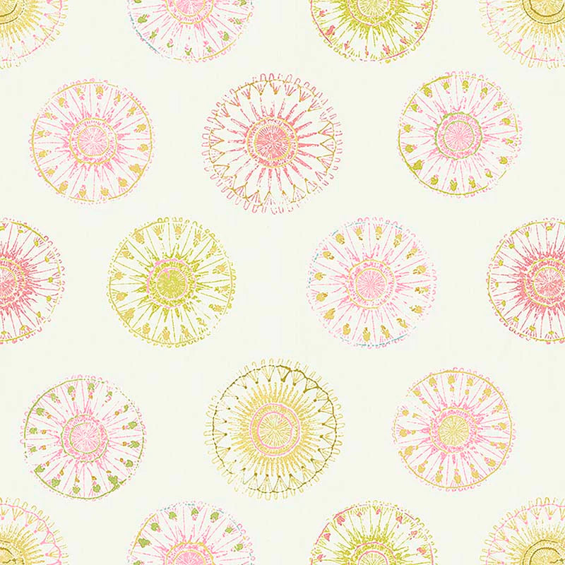 Pattern of pinks and citrus circular designs on a light background