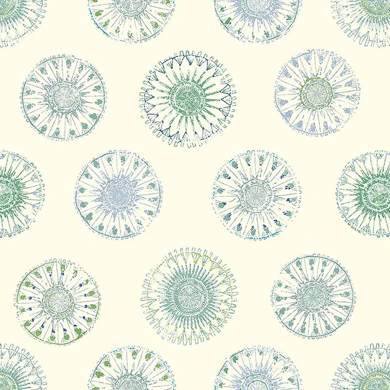 Pattern of green and blue circular designs on a beige background