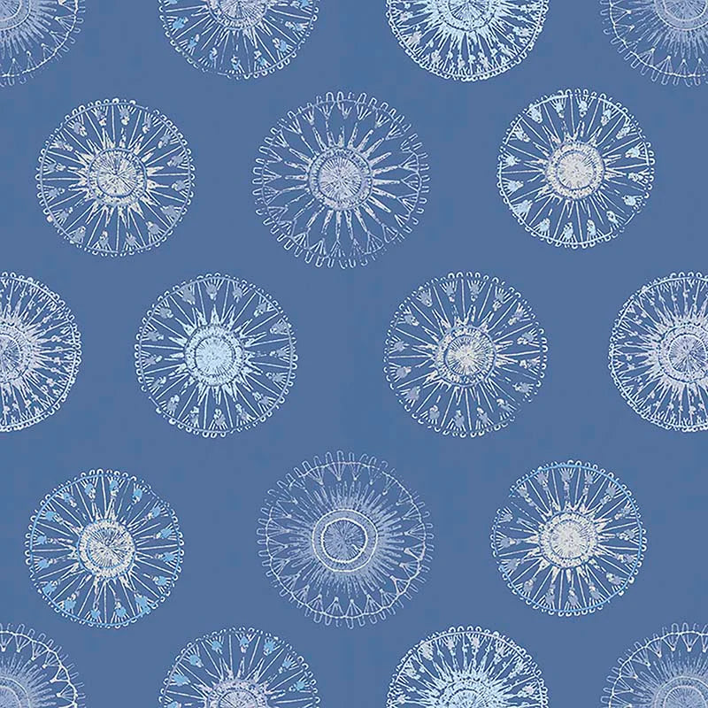Pattern of white circular designs on a blue background