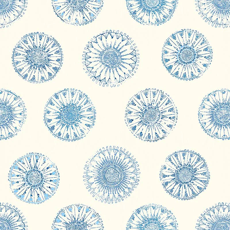 Pattern of blue circular designs on a white background