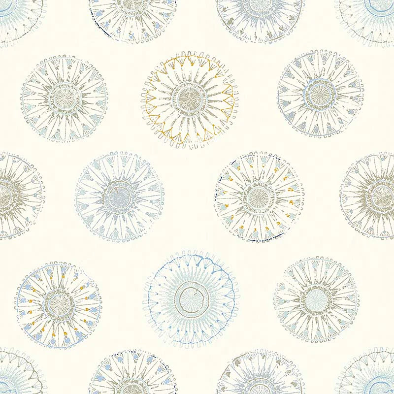 Pattern of decorative circular designs in blues, greens and greys on a white background