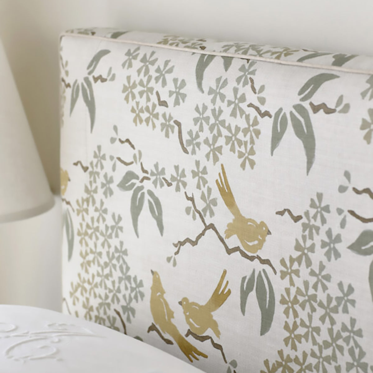 Birds- Pale Yellow on Logan Natural Linen Fabric Sample