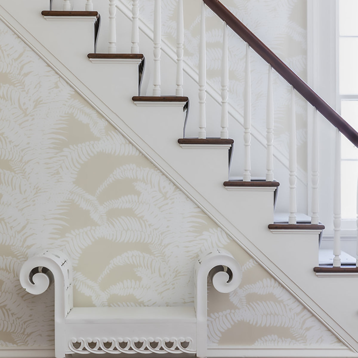 Ferns- White on Beige Wallpaper