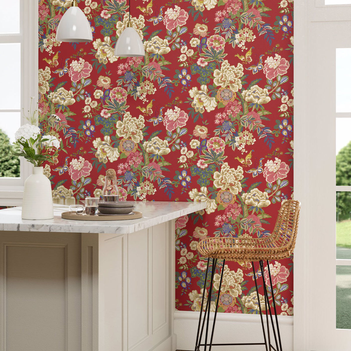 Emperor Peony- Cinnabar Red Wallpaper
