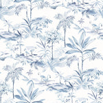 Tropical pattern with palm trees and birds in blue on a white background
