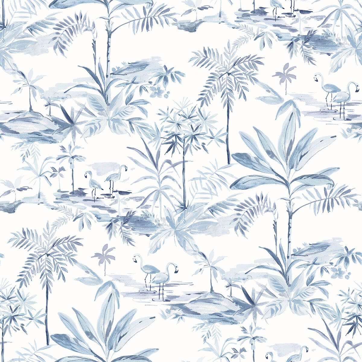 Tropical pattern with palm trees and birds in blue on a white background