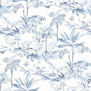 Tropical pattern with palm trees and birds in blue on a white background