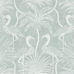 Pattern of white flamingos and palm trees on a light blue background