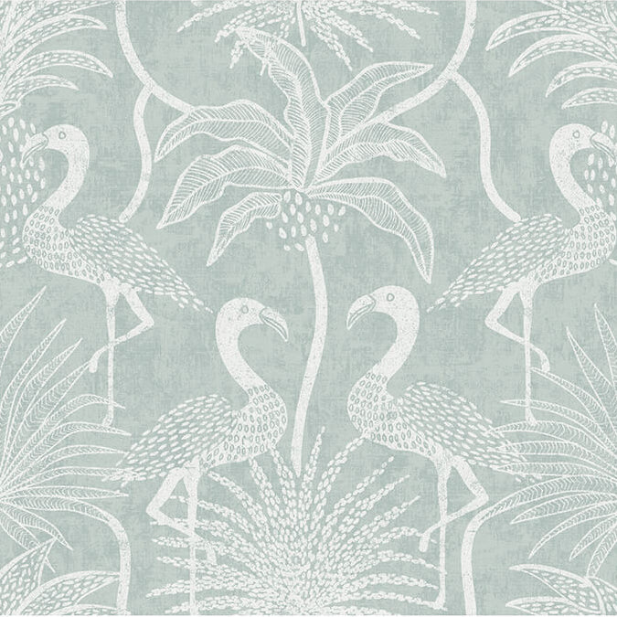 Pattern of white flamingos and palm trees on a light blue background