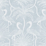 Pattern of white flamingos and palm trees on a light blue background