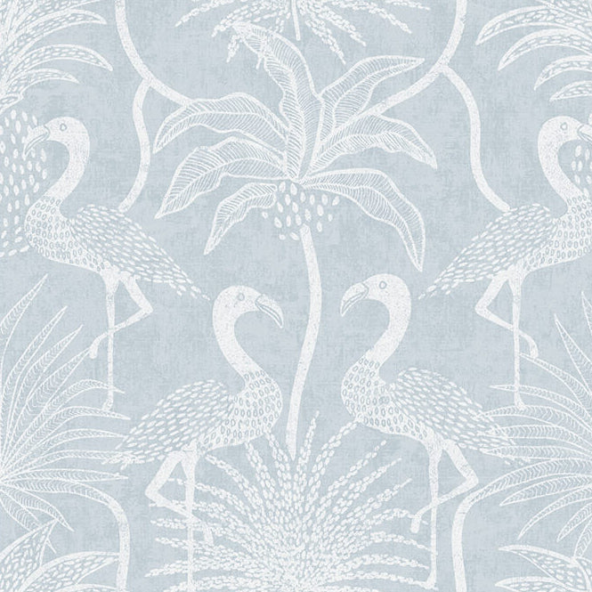 Pattern of white flamingos and palm trees on a light blue background
