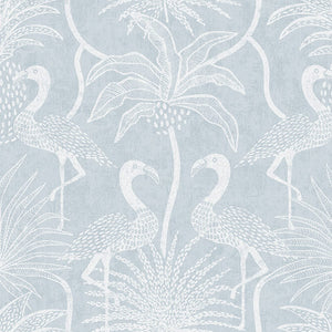 Pattern of white flamingos and palm trees on a light blue background