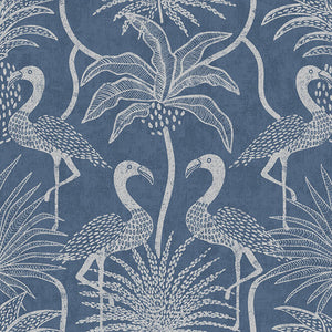 Pattern of flamingos and palm trees on a blue background