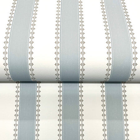 Roll of wallpaper with blue and white striped pattern