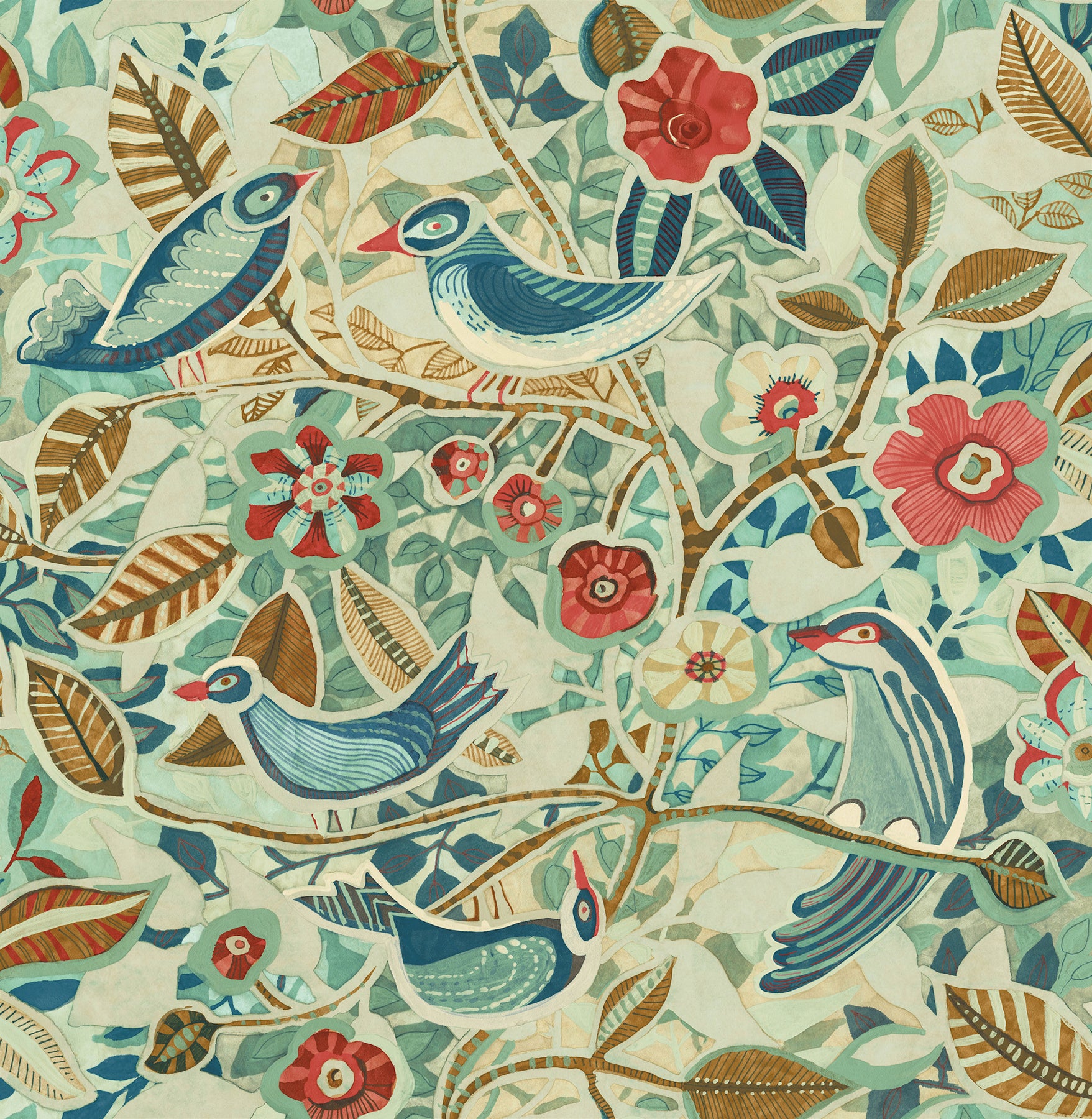 Colorful pattern of birds and flowers on a fabric background