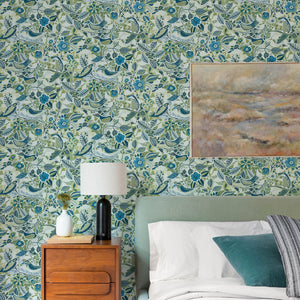 Bedroom with floral wallpaper, wooden nightstand, and bed with white bedding.