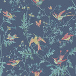 Pattern of colorful birds and leaves on a dark blue background