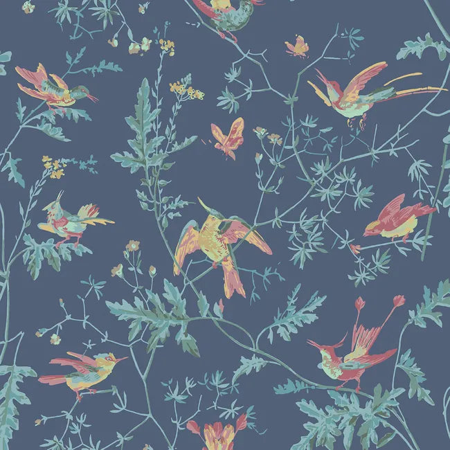 Pattern of colorful birds and leaves on a dark blue background