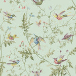 Pattern of colorful birds and flowers on a light green background