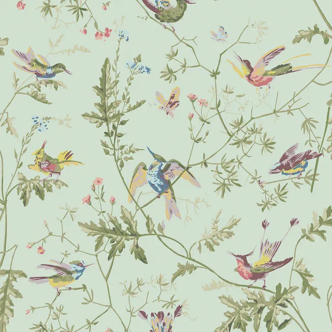 Pattern of colorful birds and flowers on a light green background