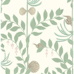 Wallpaper with green leaves, shells, and small pink flowers on a light background