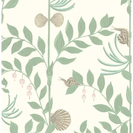 Wallpaper with green leaves, shells, and small pink flowers on a light background