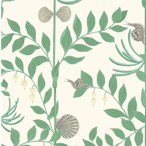 Patterned paper with green leaves, shells, and small animals on a white background