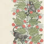 Decorative striped wallpaper with monkeys and foliage on a beige background