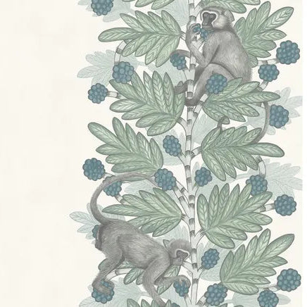 Decorative striped wallpaper with monkeys and leaves on a white background