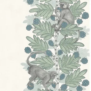 Decorative striped wallpaper with monkeys and leaves on a white background