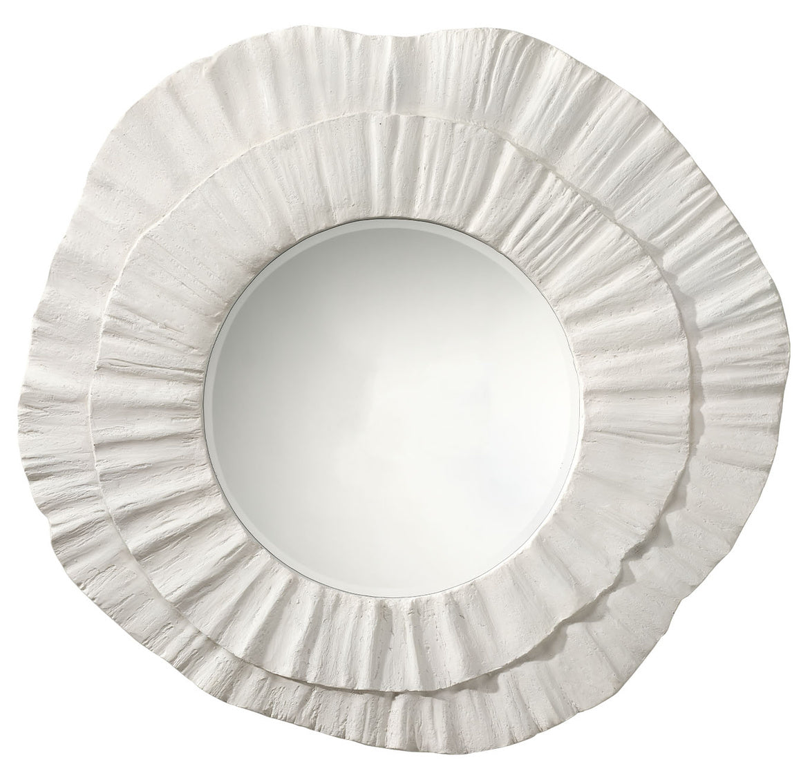 Round mirror with a decorative white frame on a white background