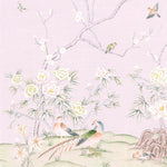 A delicate pastel illustration of a garden scene with peacocks, birds, blossoms, and flowering branches on a pale pink background. The artwork has a soft, vintage aesthetic with muted green foliage, white blossoms, and earthy green hills at the bottom.