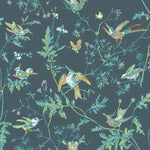 Pattern of colorful birds and butterflies on a dark blue background