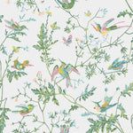 Pattern of colorful birds and leaves on a light blue background