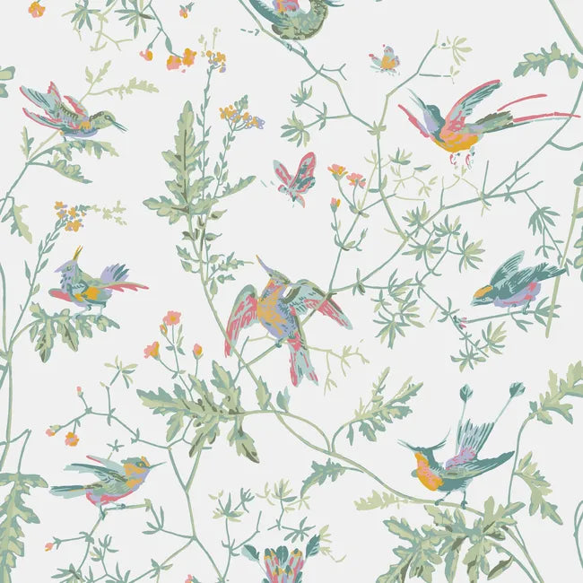 Pattern of colorful birds and flowers on a light background