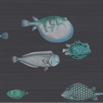 Pattern of stylized fish on a dark background