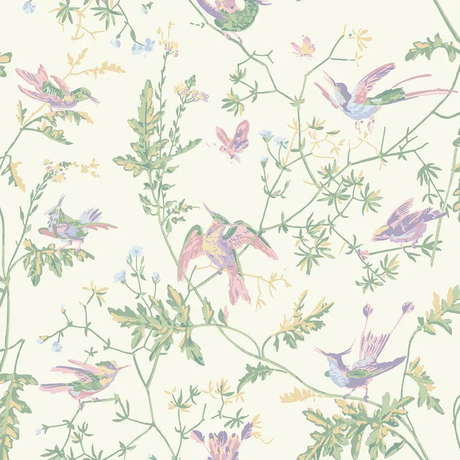 Pattern of colorful birds and flowers on a light background
