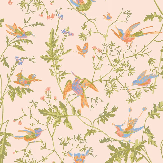 Pattern of colorful birds and flowers on a pink background
