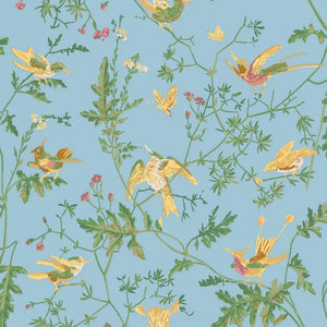 Pattern of yellow hummingbirds and green leaves on a blue background