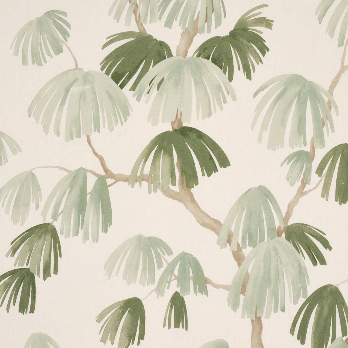 Pattern of green botanicals on a beige background