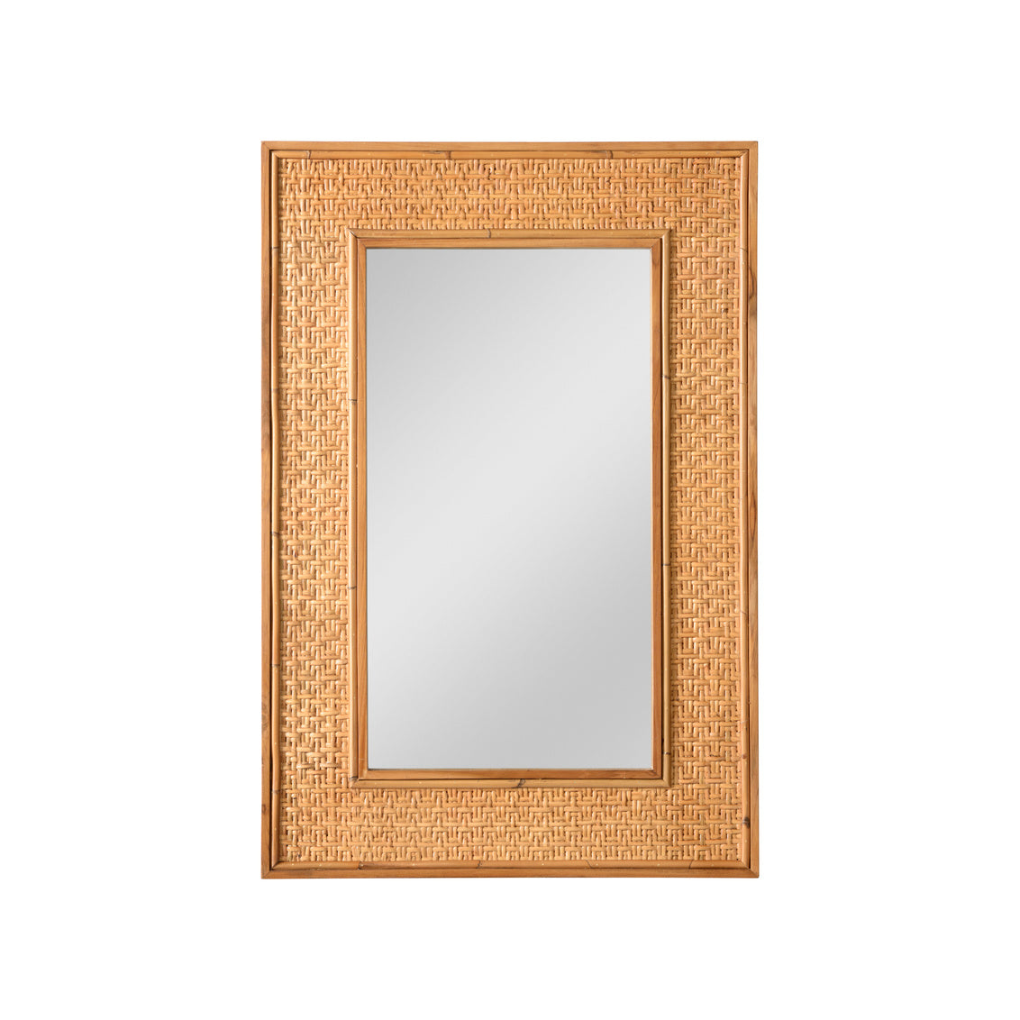 Rectangular mirror with a woven rattan frame on a white background