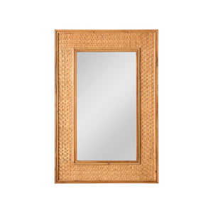 Rectangular mirror with a woven rattan frame on a white background