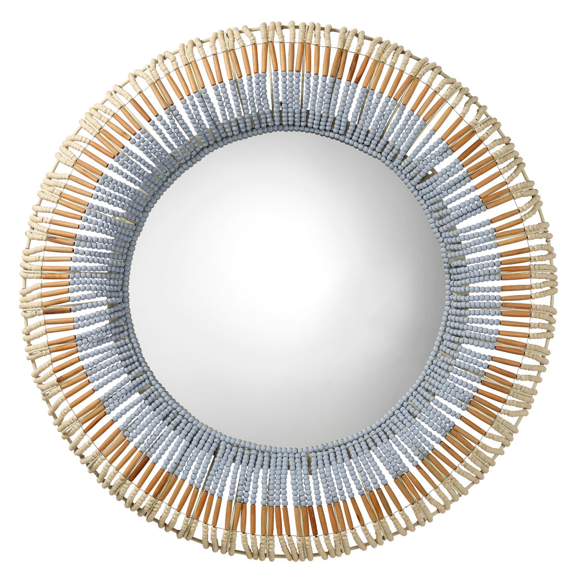 Round mirror with a decorative frame made of wooden sticks and beads on a white background