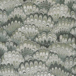 Patterned wallpaper with scalloped design in green and gray tones