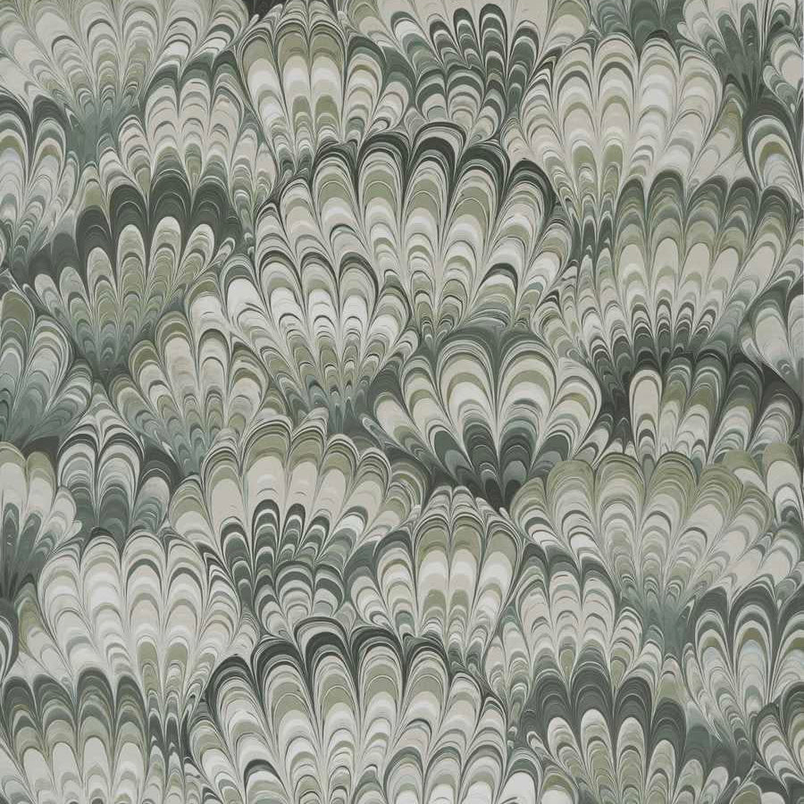 Patterned wallpaper with scalloped design in green and gray tones