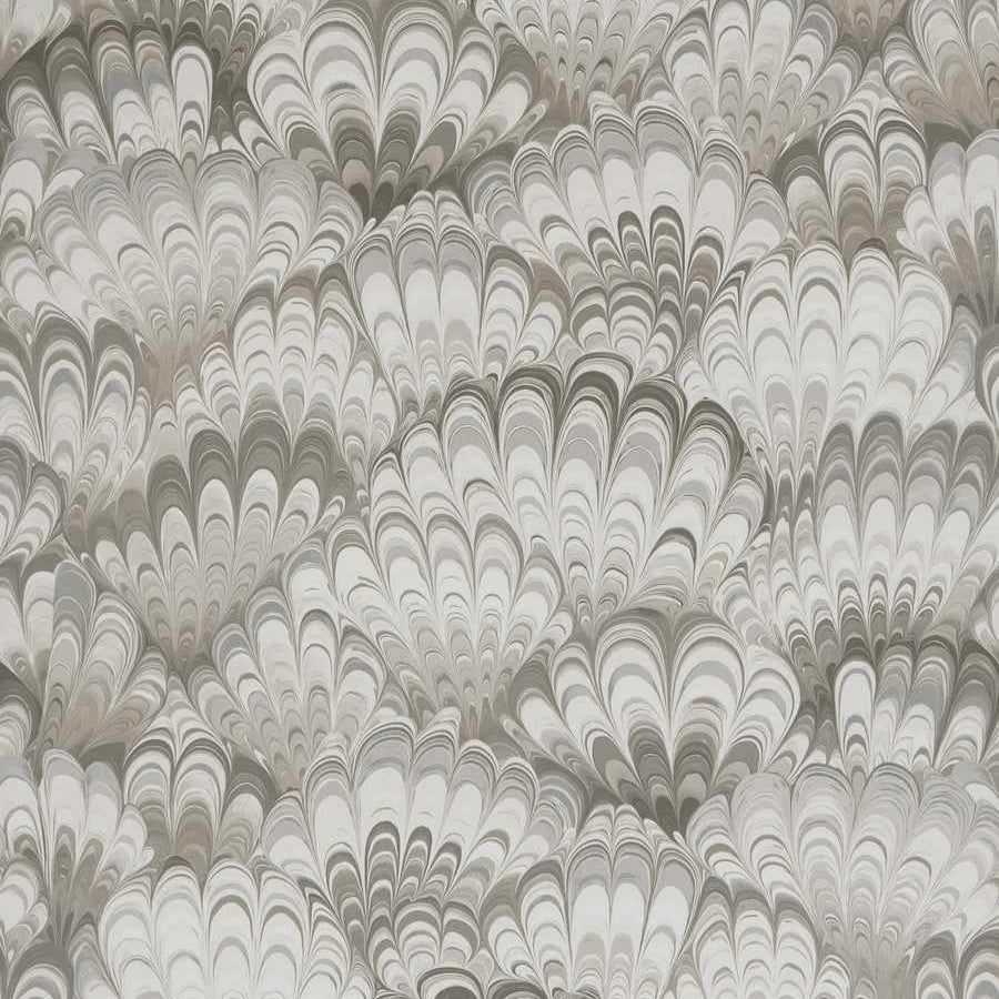 Patterned wallpaper with wavy, scalloped design in gray and white tones.