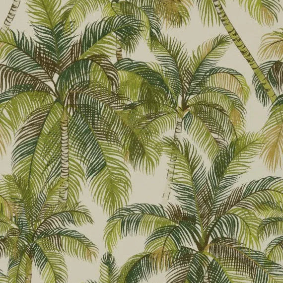 A repeating tropical palm tree pattern with green and olive leaves and trunks on a warm cream background.