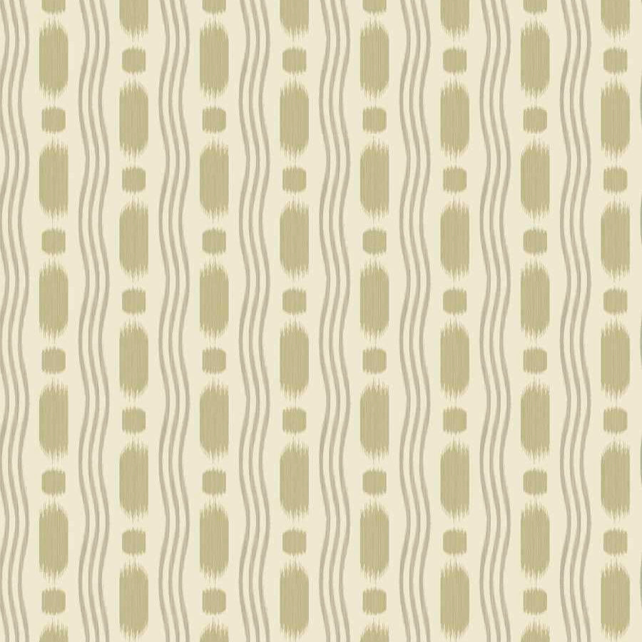 Patterned wallpaper with wavy lines and geometric shapes in green on a beige background