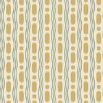 Patterned wallpaper with vertical stripes and geometric shapes in gold and gray.